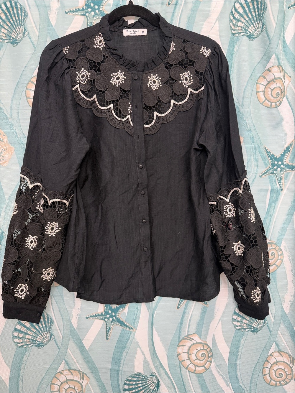 Everlane Black Floral Lace-Yoke Button Front Blouse